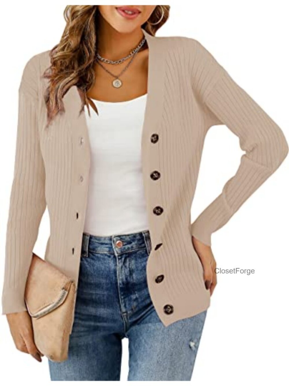 Women's Rib Knit Button Front Cardigan Sweater V-Neck Long Sleeve